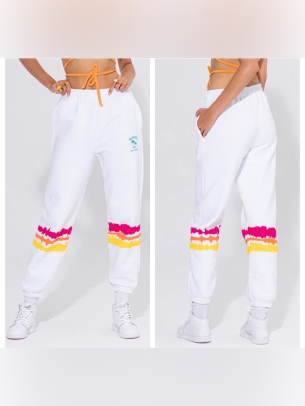 Malibu‎ White Sweatpants with Pink & Yellow Wave Stripes